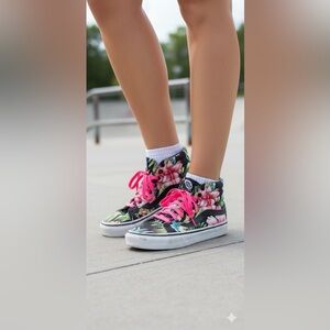 Vans Black Floral High-Top Sneakers with Pink Laces